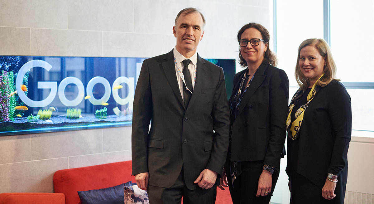 Image of NPower Canada CEO Julia Blackburn, NPower Canada Board Chair Stephen Gardiner and VP of Google Canada Sabrina Geremia at a Google office in Canada
