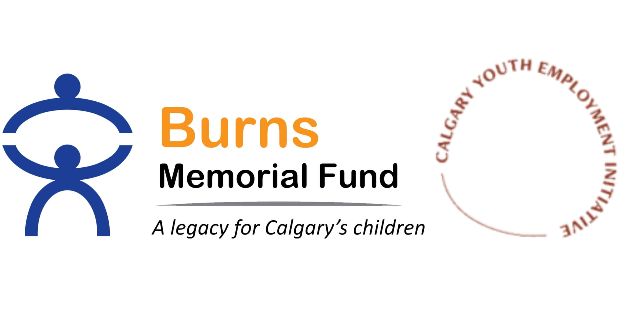 Burns Memorial Fund logo in orange and black font text with blue icon and Calgary Youth Employment Initiative logo in red font text