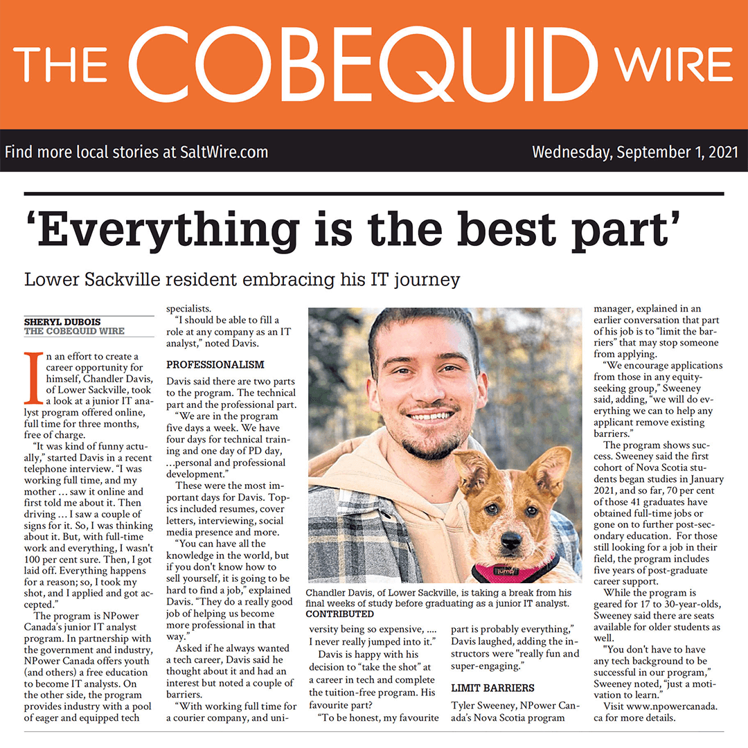 Page of The Cobequid Wire featuring an article titled "Everything is the best part" about Lower Sackville, a NPower Canada alumni, with orange header, photo of a man with a dog, and white and black font text