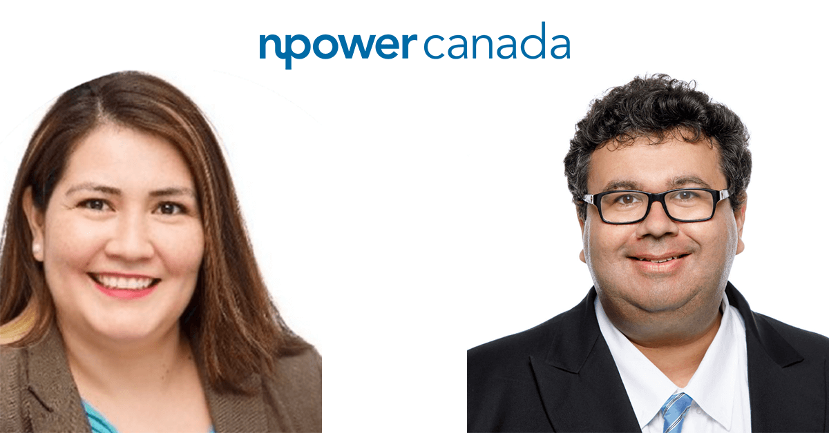 Photos des portraits de Denisse Alejo et Andrew Reddin sur un fond blanc avec le logo de NPower Canada en caractères bleus en haut.