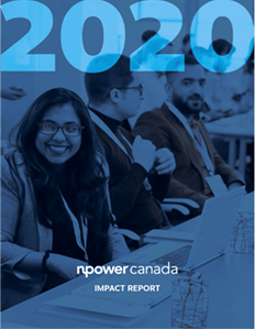 Image d'un groupe d'étudiants avec une superposition bleue, le texte 2020 en police bleu clair, le texte du rapport d'impact et le logo de NPower Canada en police blanche.