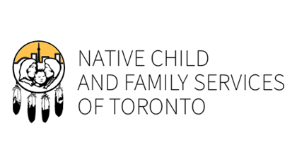 Native Child and Family Services of Toronto, texte en police noire avec icône jaune, blanche et noire