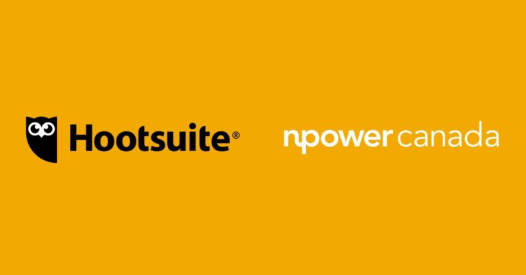 Orange rectangle with Hootsuite logo with black icon and font text, and NPower Canada logo in white font text