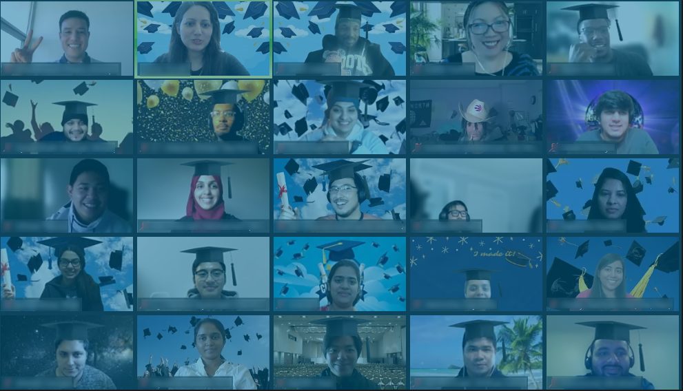 Screenshot of Virtual Graduation Ceremony with pictures of participants with blue overlay