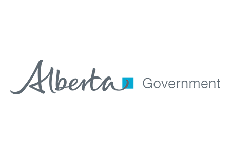 Logo du gouvernement de l'Alberta en texte de police gris avec icône bleue
