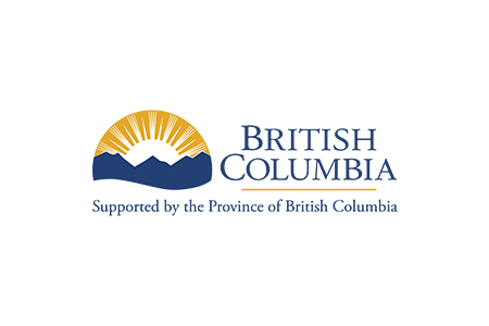 Logo de la province de la Colombie-Britannique avec le texte Supported by the Province of British Columbia en police bleue et une icône jaune et bleue