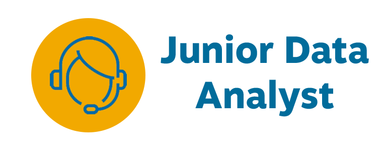 Junior Data Analyst English logo in blue font text with icon of a person wearing a headset in blue outline and yellow background