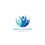 Pinball Clemons Foundation logo in blue and black font text with multi tone blue icon