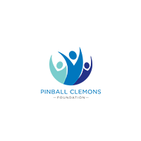 Pinball Clemons Foundation logo in blue and black font text with multi tone blue icon