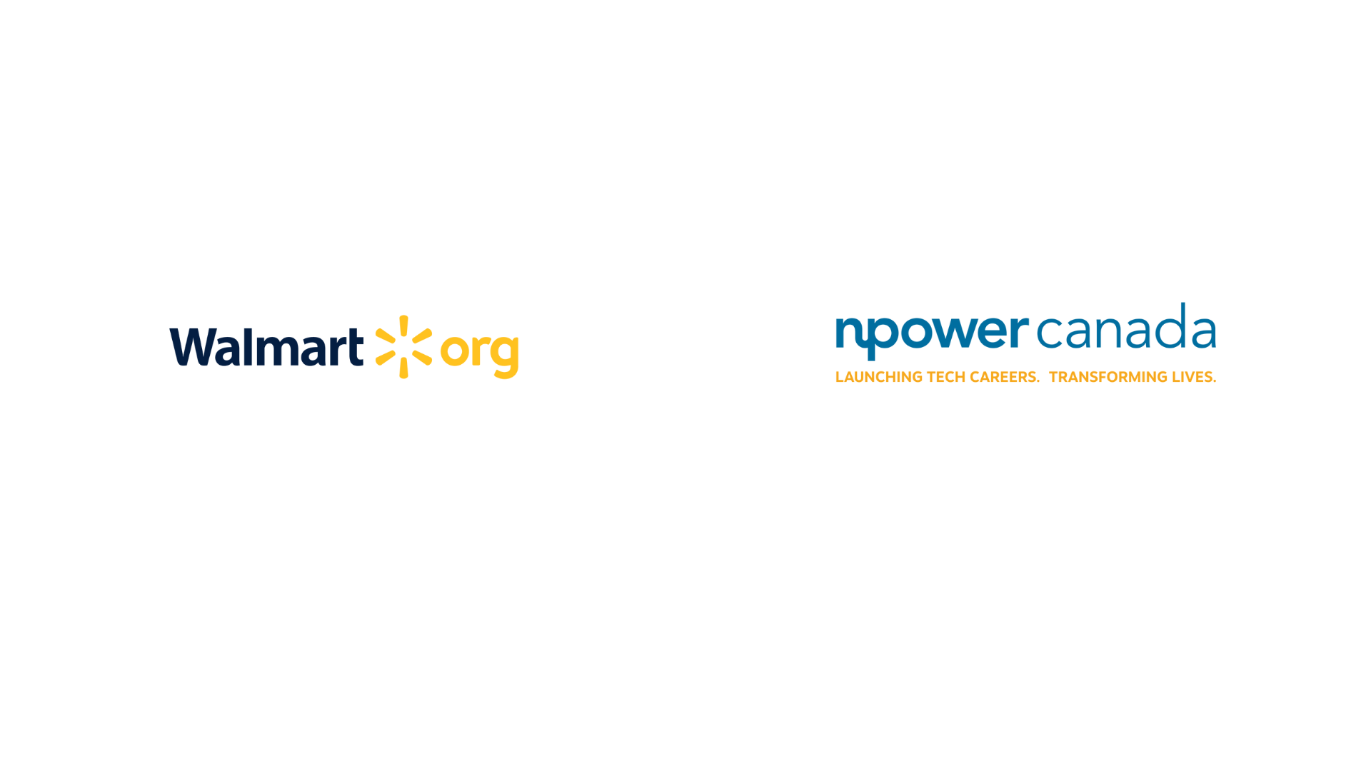 Logo de la Fondation Walmart en caractères bleus et jaunes, et logo de NPower Canada en caractères bleus avec un slogan en anglais en caractères orange.
