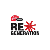 Logo Virgin Mobile RE*Generation en noir et texte en caractères rouges