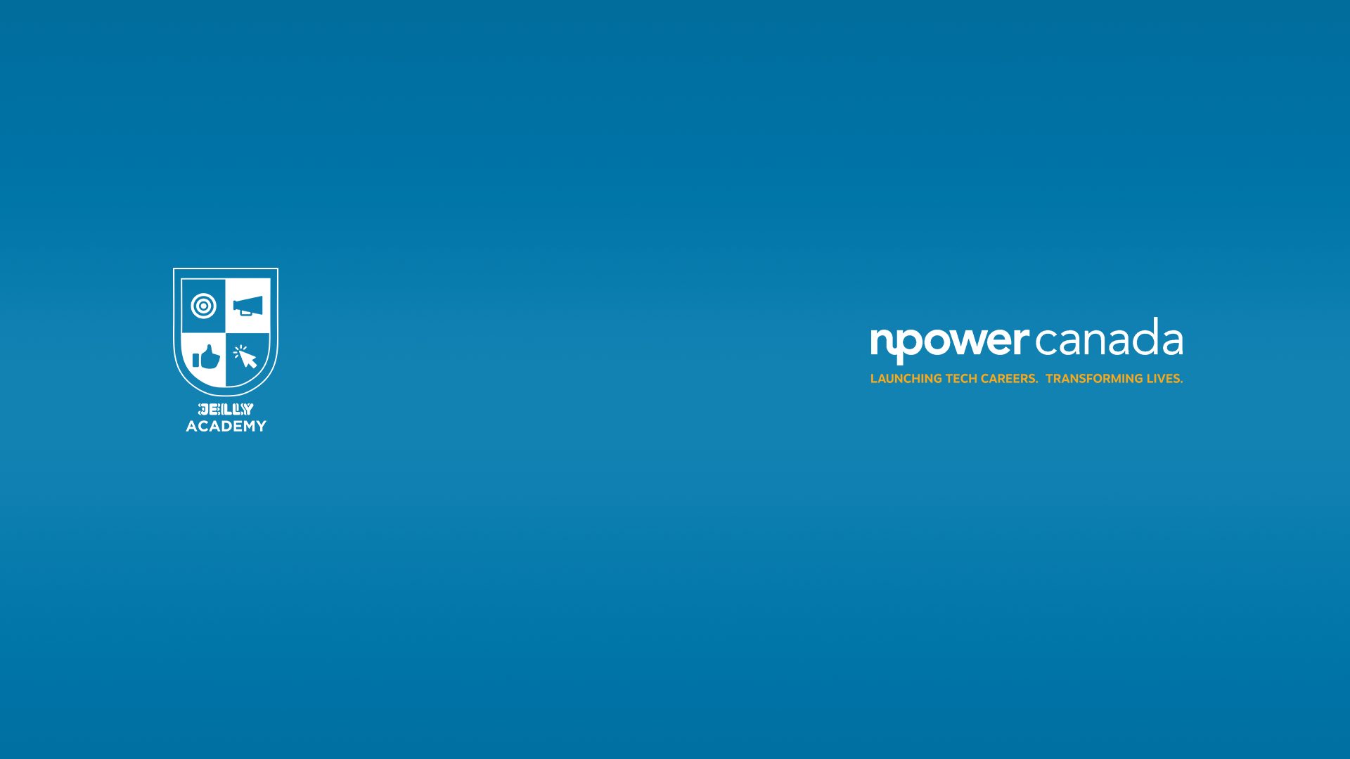 Jelly Academy logo with white icon and font text, and NPower Canada logo in blue font text with English tagline in orange font text